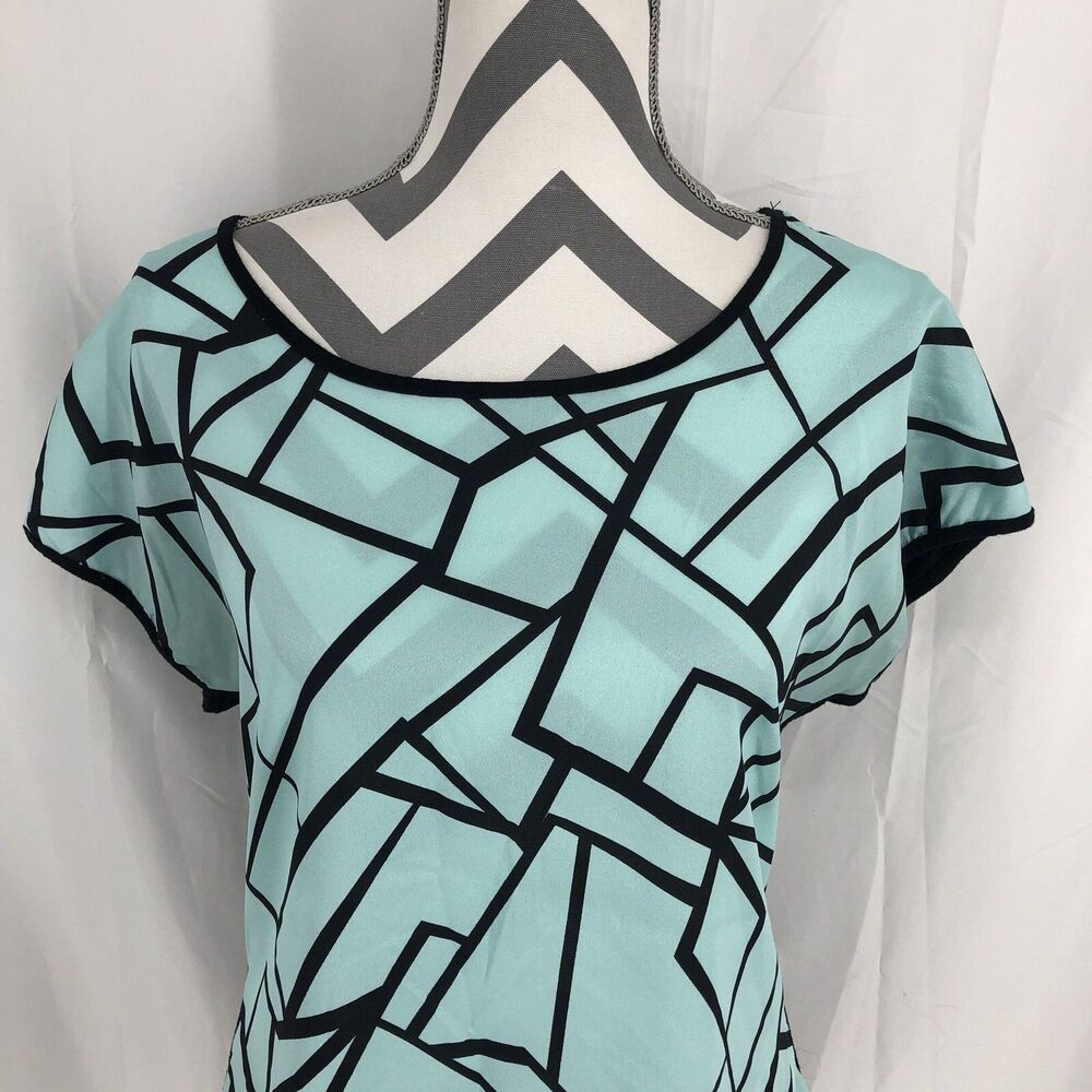 Espresso Blue Black Geometric Pattern Short Sleeve Blouse Medium